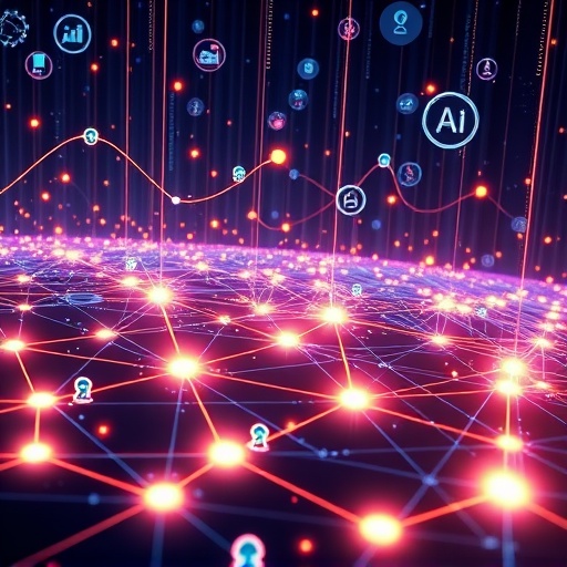 ภาพประกอบอนาคตของเอเจนต์ AI ที่โต้ตอบกับสัญญาอัจฉริยะบนเครือข่ายบล็อกเชน NEAR Protocol สื่อถึงการเป็น AI-native blockchain
