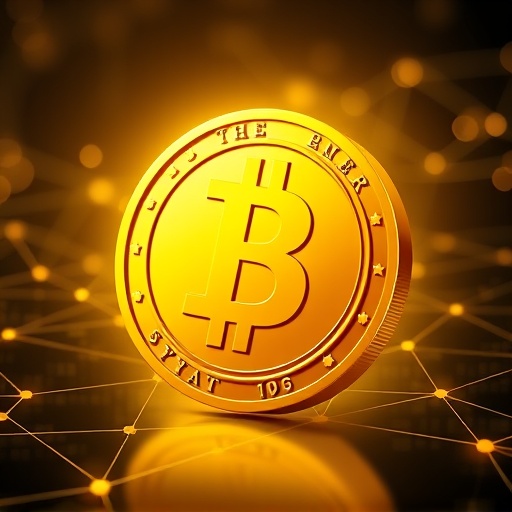 ภาพประกอบเหรียญดอลลาร์ทองคำ USD1 Stablecoin ที่ส่องแสงระยิบระยับบนพื้นหลังเครือข่ายดิจิทัล สื่อถึงความเสถียรและนวัตกรรมสกุลเงินดิจิทัล