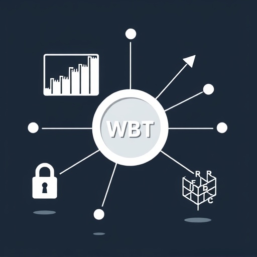 ภาพโทเค็น WBT กลางที่แผ่กระจายเชื่อมต่อกราฟเทรด สัญลักษณ์ล็อกความปลอดภัย และกราฟิกบล็อกเชน แสดงถึงยูทิลิตี้ในระบบนิเวศ WhiteBIT