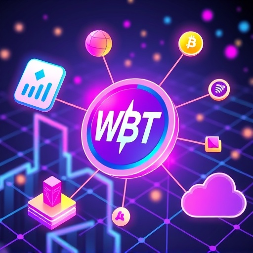 ภาพประกอบโทเค็นดิจิทัล WBT ที่เชื่อมโยงแพลตฟอร์มเทรด ระบบชำระเงิน และเครือข่ายบล็อกเชนในสไตล์อนาคตอันสดใส