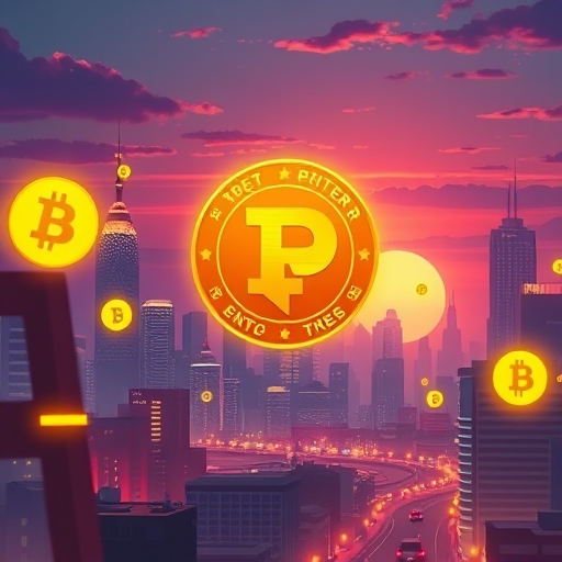 ภาพประกอบสไตล์โทเค็น Jupiter Perps LP (JLP) ที่สวยงาม ล้อมรอบด้วยสัญลักษณ์คริปโต SOL ETH WBTC USDC USDT ในฉากเมืองอนาคตยามเช้า