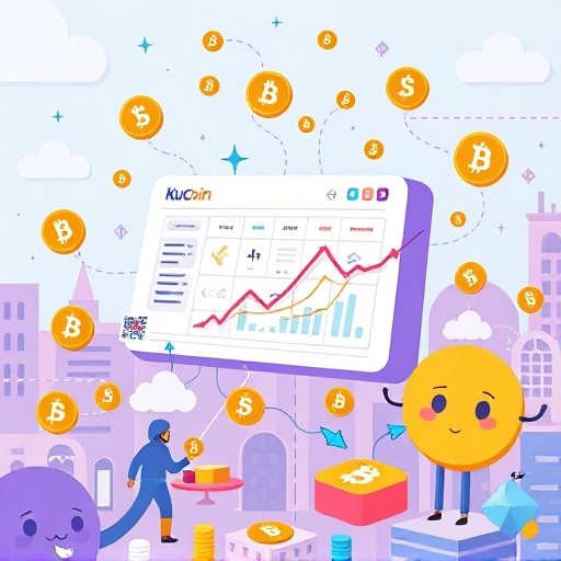 ภาพประกอบอินเตอร์เฟซ KuCoin ที่เปลี่ยนรูปเป็นเครือข่ายบล็อกเชน KCC พร้อมโทเค็น KCS ไหลเวียนและตัวละครดิจิทัลโต้ตอบกับ DApps