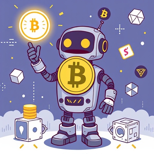 ภาพประกอบหุ่นยนต์น่ารักกำลังถือโทเค็น BGB Bitget Token ที่ส่องแสง รอบๆ มีบล็อกเชนและไอคอน smart contract ของ DeFi