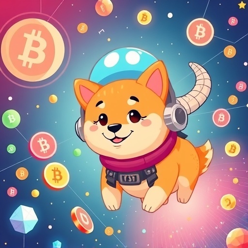 ภาพสุนัขชิบะอินุที่น่ารักสวมหมวกนักบินอวกาศคริปโต ลอยท่ามกลางเหรียญดิจิทัลและบล็อกเชนในอวกาศดิจิทัล