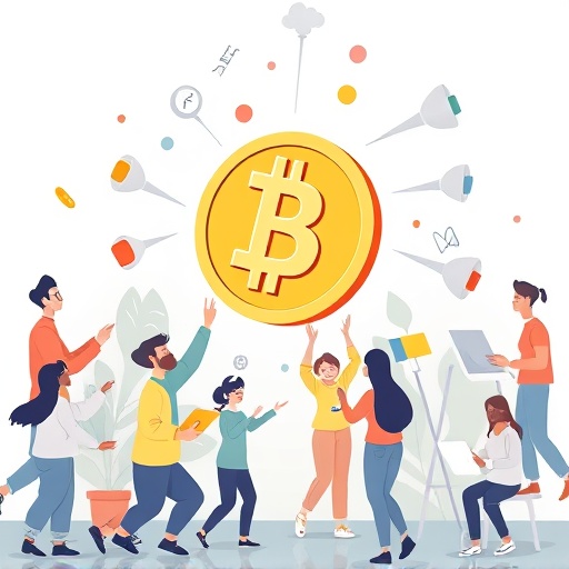 ภาพคนหลากหลายพื้นฐาน互动กับสัญลักษณ์เหรียญ mCoin ลอยตัว สร้างชุมชนคริปโตที่ตื่นเต้นสำหรับคนไทย