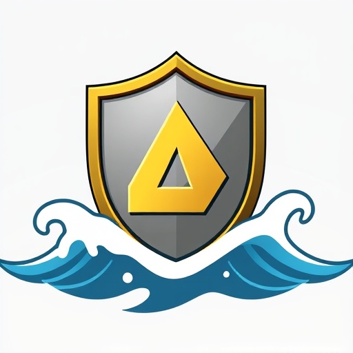 ภาพกราฟิกสไตล์โล่ป้องกันสัญลักษณ์ Stablecoin จากคลื่นตลาดผันผวน แสดงกลยุทธ์ Delta-Neutral Hedging ใน Ethena
