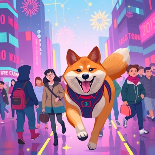 ภาพศิลปะดิจิทัลสดใสของสุนัขชิบะอินุนำฝูงคนดิจิทัลผ่านเมืองอนาคตพร้อมกระแสข้อมูลบล็อกเชนเรืองแสง