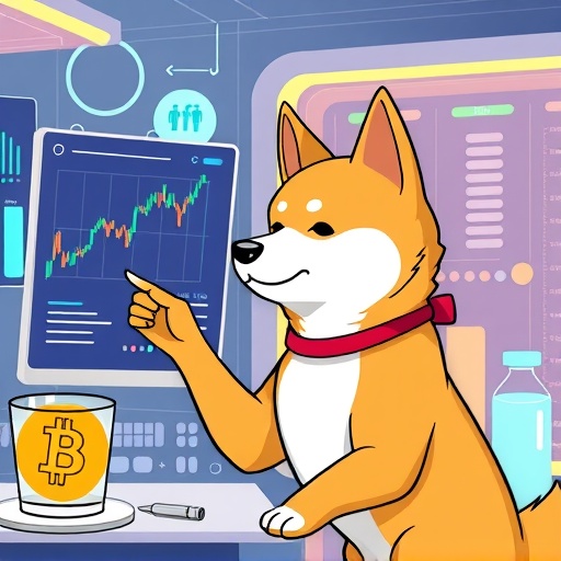 ภาพประกอบแฟนตาซีสุนัขชิบะอินุโต้ตอบหน้าจอโฮโลแกรมกราฟการเงินสินทรัพย์ดิจิทัลในห้องแล็บอนาคต