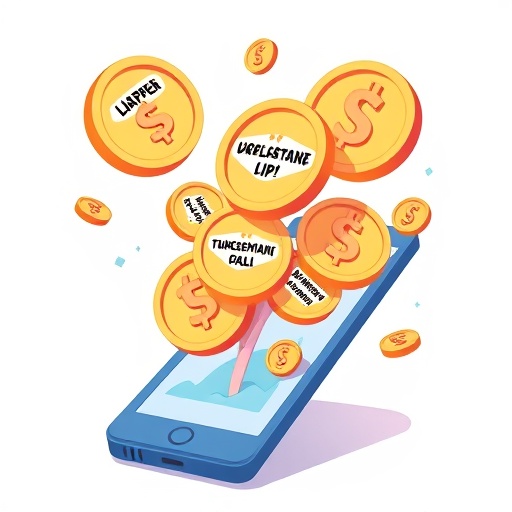 ภาพประกอบสกุลเงินดิจิทัล mCoin ที่ลอยออกมาจากสมาร์ทโฟนในสไตล์การ์ตูนสนุกสนาน เหมาะสำหรับนักลงทุนคริปโตในไทย