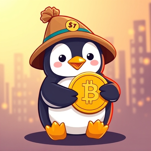 ภาพประกอบเพนกวินน่ารักสวมหมวกถือเหรียญคริปโต PENGU บนพื้นหลังบล็อกเชนดิจิทัลที่สว่างไสว