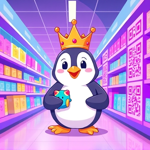 ภาพประกอบเพนกวินร่าเริงสวมมงกุฎถือของเล่น Pudgy Toys ในร้านค้าสดใสพร้อม QR Code เรืองแสง