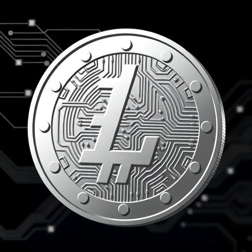 ภาพประกอบเหรียญเงินดิจิทัล Litecoin ที่มีลวดลายวงจรอิเล็กทรอนิกส์ทันสมัย สื่อถึงบทบาทเงินดิจิทัลที่เบาและรวดเร็ว