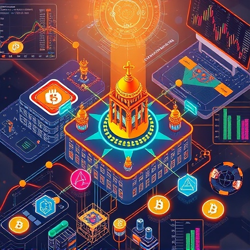 ภาพมุมสูงระบบนิเวศดิจิทัล Cronos CRO ที่คึกคัก แพลตฟอร์มแลกเปลี่ยนคริปโตเชื่อมต่อกับแอปกระจายอำนาจอย่างราบรื่น