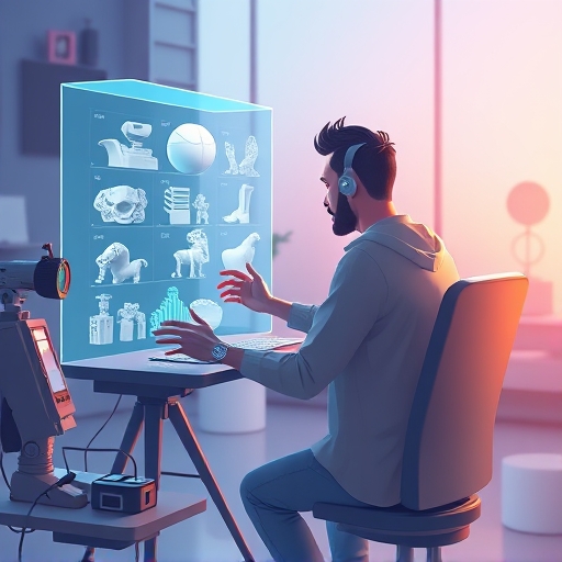 ภาพประกอบศิลปิน 3D ทำงานกับ Render Network ผ่านอินเทอร์เฟซโฮโลแกรม แสดงโมเดล 3D ซับซ้อนและความคืบหน้าการเรนเดอร์ สไตล์สร้างสรรค์