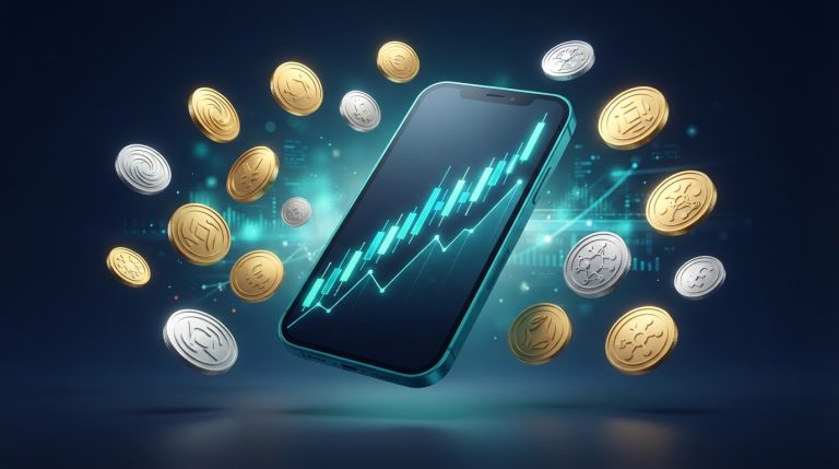 ภาพประกอบรีวิว Bitget เว็บเทรดคริปโตที่เด่นเรื่อง Copy Trading พร้อมกราฟเทรดและเหรียญดิจิทัลบนมือถือ