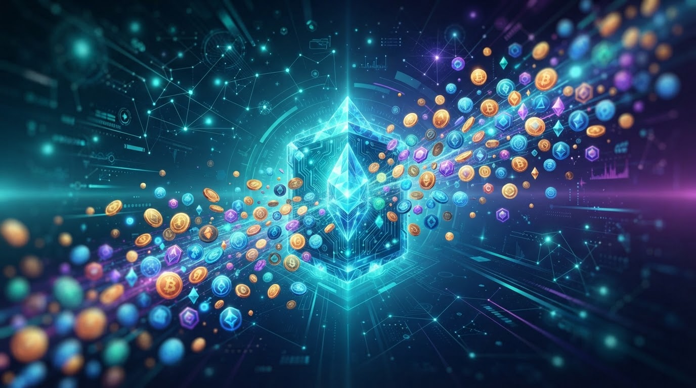 ภาพประกอบรีวิว Gate.io เว็บเทรดคริปโตที่มีเหรียญ altcoin และเหรียญใหม่ให้เลือกมากที่สุด พร้อมเหรียญคริปโตหลากสีไหลออกจากศูนย์กลาง