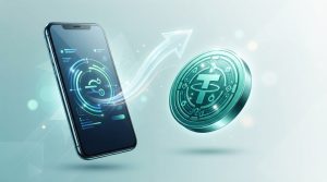 ภาพประกอบวิธีซื้อ USDT ด้วยเงินบาทผ่านระบบ P2P บนมือถือ พร้อมสัญลักษณ์การโอนเงินและเหรียญ USDT