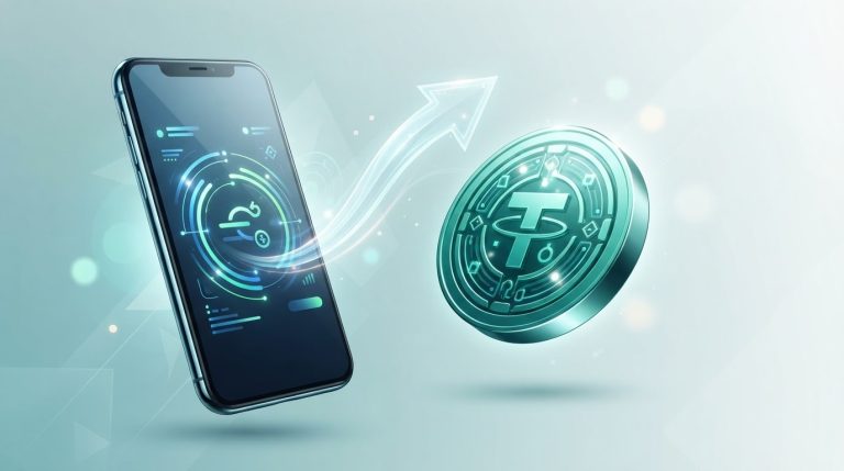 ภาพประกอบวิธีซื้อ USDT ด้วยเงินบาทผ่านระบบ P2P บนมือถือ พร้อมสัญลักษณ์การโอนเงินและเหรียญ USDT