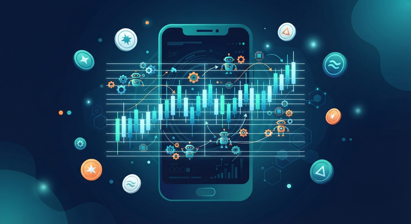 ภาพประกอบรีวิว Pionex เว็บเทรดคริปโตที่มีบอทเทรดอัตโนมัติ Grid Trading Bot ในตัวฟรี ธีมกราฟเทรดบนมือถือ
